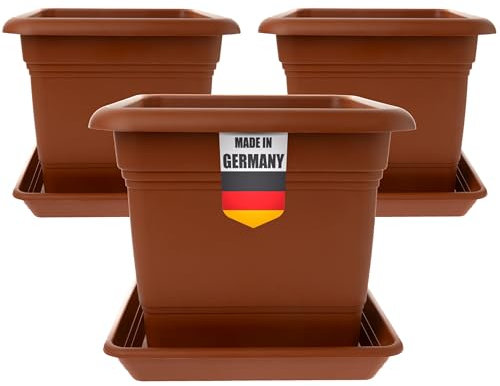 2friends Lot de 3 pots de fleurs carrés avec soucoupe, 28 x 28 cm, grand pot de fleurs et jardinière, terre cuite, fabriqué en Allemagne