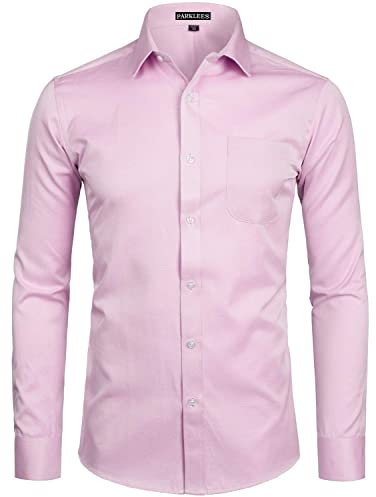 PARKLEES Camicia da uomo in twill tinta unita, vestibilità classica, slim fit, a maniche lunghe, con tasca, rosa, M