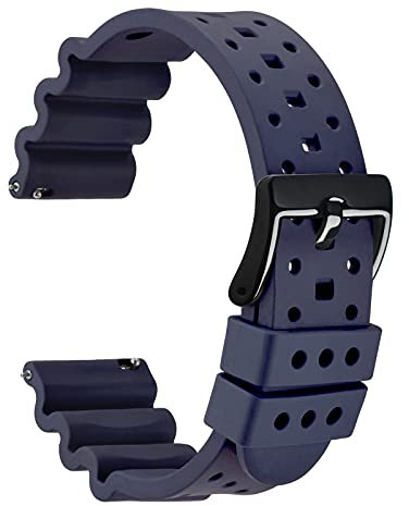 WOCCI 20mm Belüftete FKM Gummi Uhrenarmband für Herren (Nicht Silikon), Schnellverschluss Armband, Schwarze Schnalle (Navy Blau)