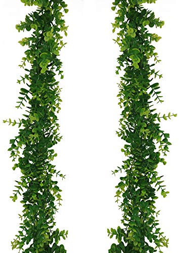 GraduationMall Faux Eucalyptus Garland Plant,2 Pack 12ft Artificial Foliage Fake Leaves,Leaf Stems Greenery Garland for Wedding Party Home Decor