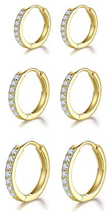 Creolen Gold Ohrringe für Damens, Ohrringe 925 Sterling Silber Kleine Gold Creolen mit AAA Zirkonia, 3 Paar hypoallergene kleine Sleeper Huggie Creolen Ohrringe