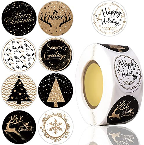 Frohe Weihnachten Aufkleber Etiketten 500 Stück Schwarz & Gold Faux Glitter Designs Weihnachten Geschenkanhänger für Weihnachten Winter Urlaub Party Dekoration