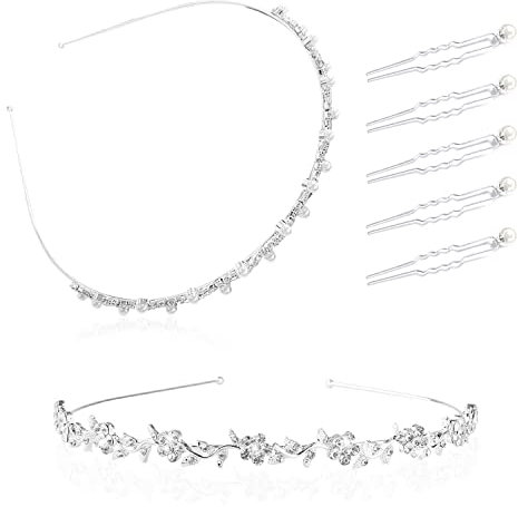 Set mit 2 Brauthochzeits-Blumenkristall-Haarschmuck, Strass-Stirnbänder, Haarschmuck, 1 Pflaumenblüten-Tiara, 1 Perlen-Tiara mit 5 U-förmigen Perlen-Haargabeln für Hochzeitsfeier usw.