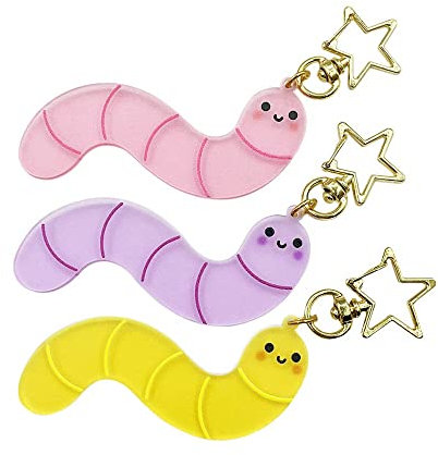 3 x Wurm-Acryl-Schlüsselanhänger, niedliche Schlüsselanhänger, Damen-Brieftaschen, Auto-Schlüsselanhänger, Regenwurm-Schlüsselanhänger, Kawaii, Rucksack-Schlüsselanhänger für Mädchen, Rucksack-Charms,