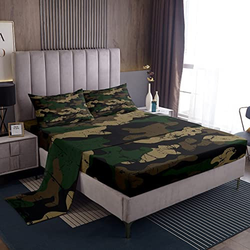 Feelyou Camouflage-Bettwäsche-Set für Jungen, ultraweich, Militär-Stil, Bettlaken mit tiefer Tasche, Spannbetttuch, Camouflage-Druck, Grün, Bettwäsche-Set, Raumdekoration, Doppelbett