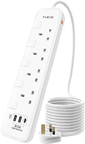 PARTH Extension Lead 5M Surge Protected Extension Cord with USB Slots,5 metre Extension Cable,4 Way UK Switched Plug Extension Socket,Heavy Duty Surge Protector Wall Mounted Extra Long Power Strip