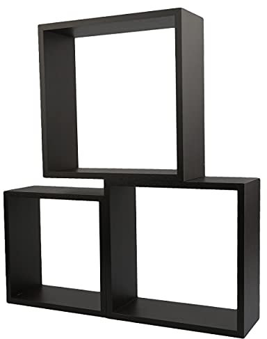 H HANSEL HOME 3 Wandregal Würfelregal Hängeregal 30/27/24cm, Wandboard Schwarze Farbe, Schwebend Hängeregal Bücherregal Regale Dekorativ