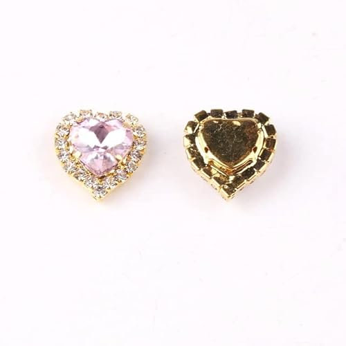 Herzform aus Glaskristall mit Strasskette in goldenen Krallenfassungen. DIY-Bordüre zum Aufnähen, A24, Rosa, 10 mm, 20 Stk