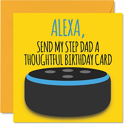 Lustige Happy Birthday Karten für Stiefvater – Alexa – Witz Happy Birthday Karte für Stiefvater von Sohn, Tochter, Banter Geburtstagsgeschenke, 145 mm x 145 mm lustige Geburtstagskarten Geschenk