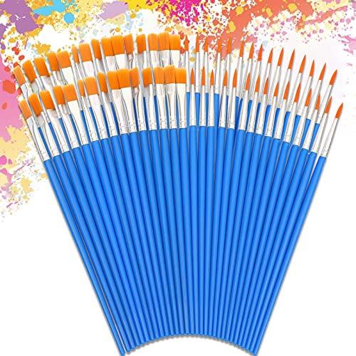 60 PCS Small Paint Brushes, Cozevdnt Professional Round Flat Fine Tip Paint Brush Set, for Classroom Watercolor Canvas Face Painting Model Painting, Fine Detailing