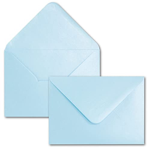50x DIN C6 Briefumschläge, Hellblau mit Metallic Effekt, 114 x 162 mm, 90 g/m², beidseitig beschichtet mit Perlmutt-Effekt, Nassklebung, für Einladungen, Geburtstag, Taufe