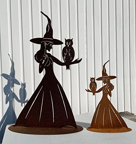 Hexe mit Eule auf dem Arm auf Platte 50x30cm Edelrost Gartendeko Wetterfest Rost Metall Rostfigur Halloween von Steinfigurenwelt