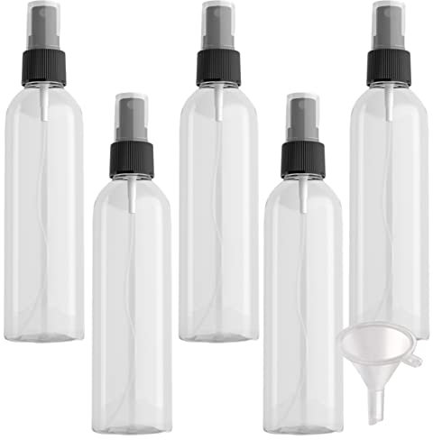 PQPAUTY 5 Piezas Pequeño 250ml Botella de Spray Plástico PET Vacías Transparentes con Bomba en Spray Negro, Niebla Atomizador para Perfume Viaje Artículos de Agua Cosmético,1 Pieza Embudo