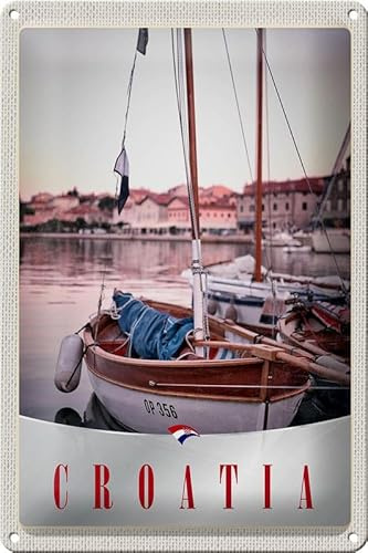mrdeco Metall Schild 20x30cm gewölbt Kroatien Boote Stadt Meer Deko Blechschild Tin Sign