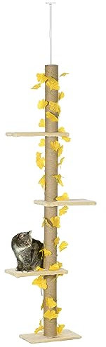 PawHut 242cm Floor to Ceiling Cat Tree for Indoor Cats with Leaves, Height Adjustable Cat Climbing Tower with Scratching Post, Anti-Slip Kit - Yellow