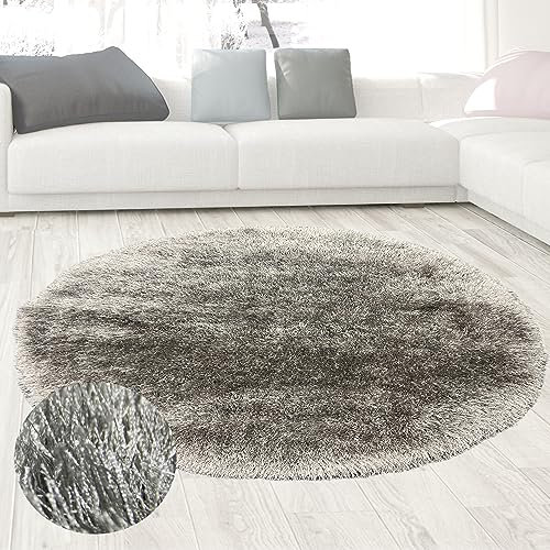 CARPETIA Teppich Wohnzimmer Hochflor Langflor Shaggy Schlafzimmer Gästezimmer hochwertig kuschelig Glanzeffekt Grau 120 cm Rund