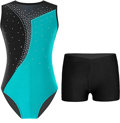 iiniim Mädchen Gymnastikanzug mit Shorts Glitzer Turnanzug Ärmellos Gymnastik Leotard Ballett Trikotanzug Wettbewerb Tanzkostüm D Blau Grün&Schwarz 134-140