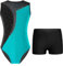 iiniim Mädchen Gymnastikanzug mit Shorts Glitzer Turnanzug Ärmellos Gymnastik Leotard Ballett Trikotanzug Wettbewerb Tanzkostüm D Blau Grün&Schwarz 134-140