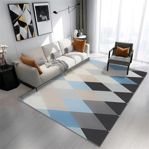 Teppich für Wohnzimmer, Blauer Teppich, Flur, blau Kariertes Streifenmuster, Schlafzimmer, Rutschfester Teppich, 120 x 200 cm, Rutschfester Polyester-Teppich, 3 Fuß 11,2 Zoll x 6 F