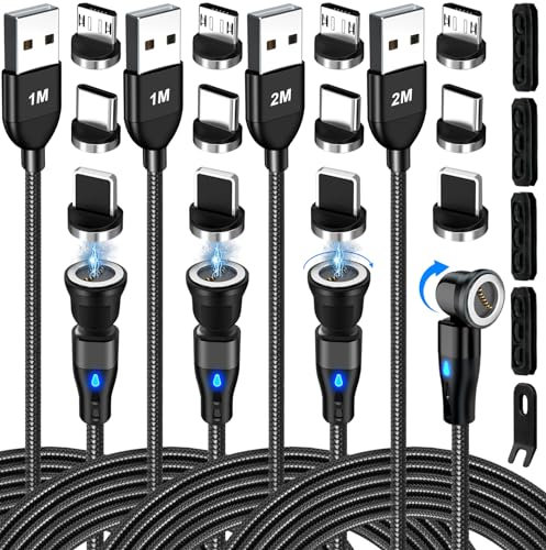 AXFEE 4Pack USB C Magnetic Fast Charging Cable - 2x3.3ft, 2x6.6ft with Organizers & 540° Data Transfer for Type C/Micro USB/i-Products