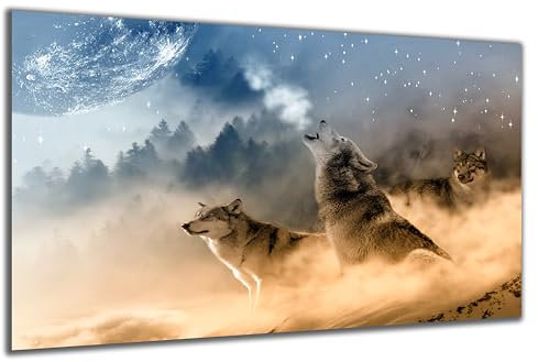DARO Design - Wand-Bild auf 6mm HDF 40x30 cm 2 Wölfe heulen den Mond an - Wand-Deko Bilder Geschenk