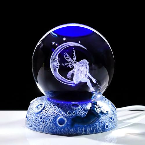 Movdyka Figura de bola de luna de hadas 3D de cristal para mujer, 6 cm, adornos decorativos de esfera para habitación con luces espaciales, recuerdos para su amante de las Campanillas