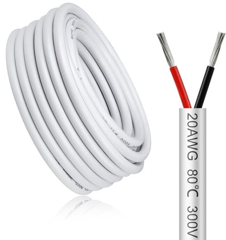20 Meter 20AWG 2x0,5mm² Elektrischer Kabel, 2 Adriges Kabel 5V/12V/24V/300V Weiß Verzinntes Kupferkabel, Flexibel und Weich Niedrige Impedanz Hohe Temperaturbeständigkeit Verlängerungskabel