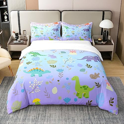 Loussiesd Dinosaurier Bettwäsche Set 100% Baumwolle 155x220cm 3D Digital Drucken Bettbezug Set für Kinder Jugendliche Erwachsene Dschungel Dino Betten Set Wild Animal Blatt Muster Lila Bettwäsche