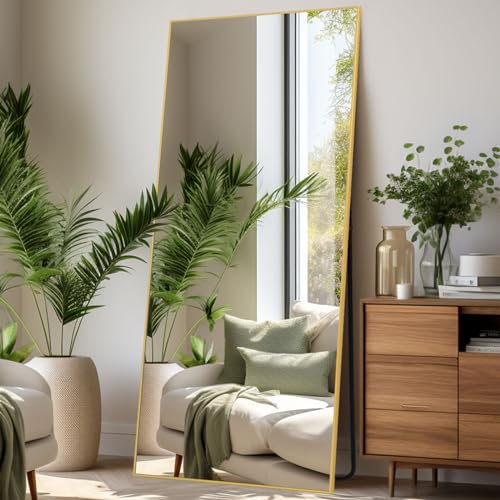 LunaMirror Specchio da pavimento a figura intera 76x180 CM grande specchio da parete con cornice in Oro Alluminio, da appoggiare o da appendere, per soggiorno, camera da letto, ingresso, corridoio