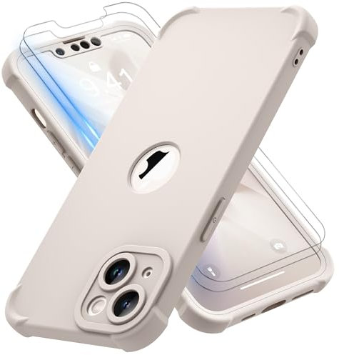 ORETECH for iPhone 13 Case, with [2 Pack Tempered Glass Screen Protector] [Camera Lens Guard] [15FT Military Grade Drop Test] 360° Shockproof Slim Fit Rubber Bumper Phone Cover - Stone White