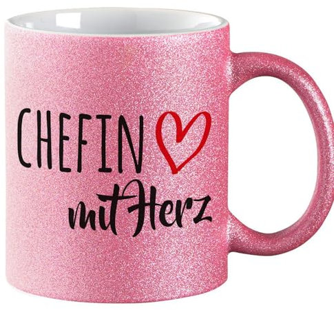Huuraa Glitzer Kaffeebecher Chefin mit Herz Geschenk 330ml Pink Chefin Mitbringsel