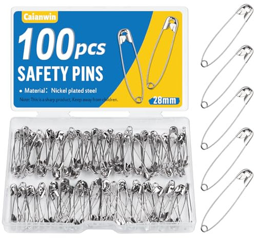 Caianwin 100 Stück Sicherheitsnadeln 28 mm Sicherheitsnadel klein mit Praktischer Box Safety Pins für Befestigen und Nähen von Kleidung und Handarbeiten, Schmuckherstellung