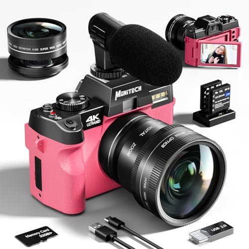 Monitech Digitalkamera für Fotografie und Video, 4K Kompaktkamera Autofokus,48MP fotokamera für Vlogging mit 180° Flip Screen, 16X Digitalzoom, 32GB Karte, 2 Batterien,2024 (S100,Pink)