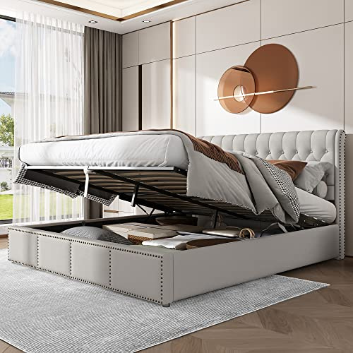 Upholstered Ottoman Storage Bed Frame, 4ft6 Double Bed Frame 135x190cm, Linen Gas Lift Bed with Hydraulic Lever, Wooden Slats Stylish And Space Saving Rivet Decoration Functional Storage Bed, Grey