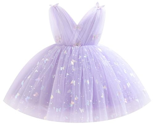 Robe d'anniversaire papillon sans manches avec col en V et volants en tulle brillant pour petite fille, robe élégante formelle pour concours de beauté, fête de mariage, violet, 12-18 mois