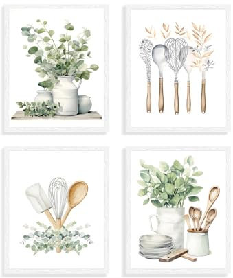 Dazzlewall 4 pósteres botánicos para pared de cocina, hojas de eucalipto verde salvia, póster de pared de plantas bohemias para decoración de cocina y comedor, 8 x 10 pulgadas, sin marco