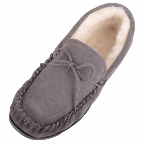 ABSOLUTE FOOTWEAR Mens Wool Lined Suede Moccasin with Lace Detail, Rubber Sole