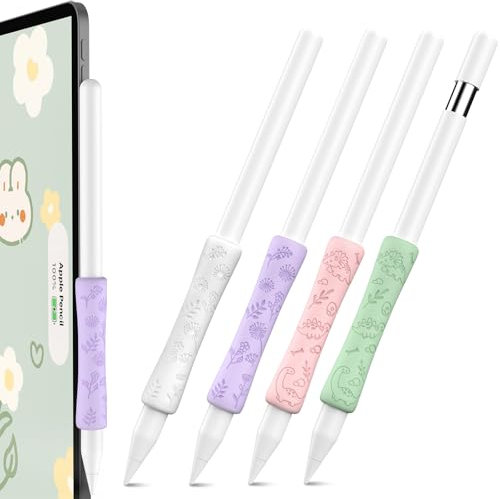 OFELUMTIZE 4 Stück Apple Pencil Griff Blumen Gravierte Silikon Apple Pencil Hülle Grip Kompatibel mit Apple Pencil Pro, Apple Pencil2. Generation und Apple Pencil USB-C (Weiß/Violett/Rosa/Grün)