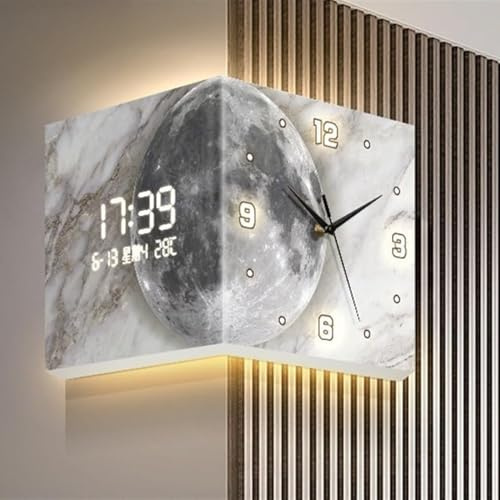 DRFGHK Moderne Doppelseitige Wanduhr, Kreative Eckuhr, Wandlampe Mond Wanduhr, Wohnzimmer Ecke Doppelseitig Leuchtende Uhr, für Zuhause und Büro