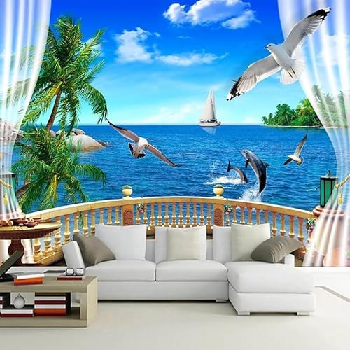Décalcomanies murales 3D paysage marin fenêtre balcon pour salon, canapé, fond TV, papier peint 3D espace mural 400 x 250 cm