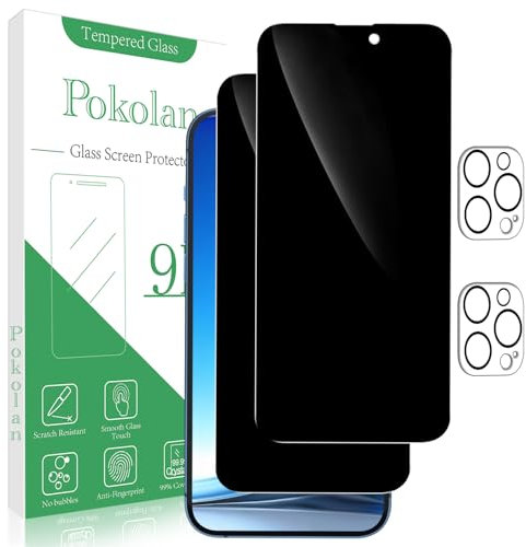 Pokolan 2+2 Pack Privacy Screen Protector for iPhone 15 Pro With Camera Lens Protector, Anti Spy Tempered Glass, 9H Hardness, Anti Scratch, Bubble Free, Easy to Install