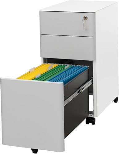 Rollcontainer mit Schubladen, Aktenschrank Abschließbar Metall, Mobiler Metallschrank für Home Office, für Rechts-/Rechtliches/Briefgröße, Komplett Montiert, Aktenschrank Weiß + Grau