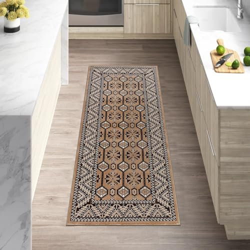 cozily® Beige Rug Runner With Jute Back, Vintage Rugs For Living Room - Arta 60 x 220 cm - Washable Runner Rug For Kitchen and Hallway Entrance