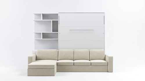MAXIMAHOUSE Schrankbett Vertikal Invento NOVA 160V (160x200) mit Couch Ecksofa, und Bücherregal, Lattenrost aus Holz, Wandbett Klappbett, Bett im Schrank (Weiss Matt+Beige)