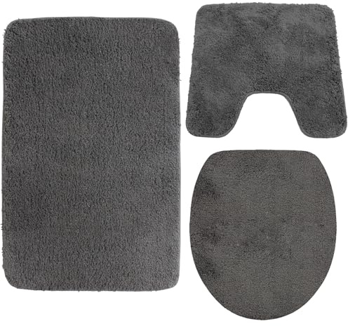 NYVI Badematten Set 3 teilig NYVISpa Lasalle Grau - Badematte 50x80 cm + WC-Vorleger mit Ausschnitt + WC-Deckelbezug - Badezimmerteppich Set - rutschfest, Saugstark, Fußbodenheizung geeignet