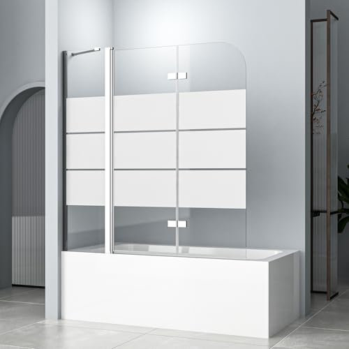 Duschwand für Badewanne 140 x 140 cm mit Festglas 3 teilige Gestreift Duschwand Badewannenaufsatz Faltbar Badewannen Duschabtrennung, 6 mm ESG Sicherheitsglas