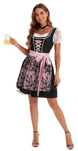 Velcoxplay Dirndl för damer, traditionell midiklänning för kvinnor, dirndl-klänning med spets inkl. dirndl-blus och dirndl-förkläde, 3 delar, för Oktoberfest och karneval