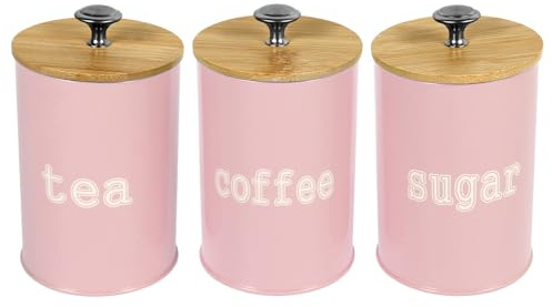 PATNFR 3Pcs Metal Tea Coffee Sugar Canister Set Decorative Kitchen Storage Tin Caddy Container with Airtight Lid and Name Marker Coffee and Sugar Canister Jars for Home Kitchen Snack Spices(Pink)
