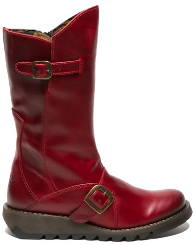 Infinity Leather Stivali da donna FLY MES 2 in Pelle con Zeppa, Fibbia, Cerniera e Plateau a Metà Polpaccio, Rossi