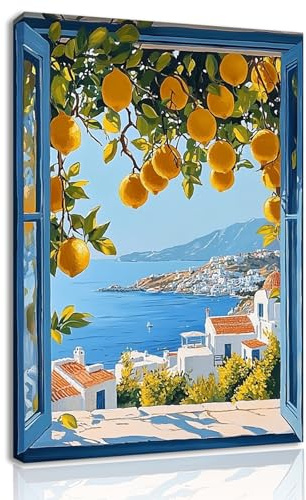 BAOYILONG Mediterranean Coastal Canvas Wall Art Lemon Tree Window View Poster Santorini Seascape Prints Artwork Framed Living Room Bedroom Decor (WE59-2, 12.00L x 18.00W, Framed)